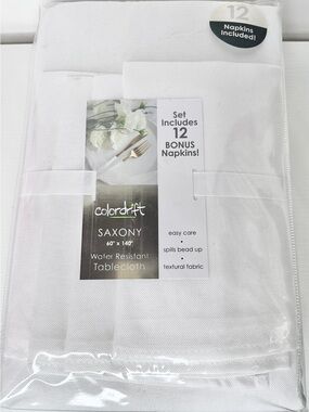 New Colordrift Saxony 60” x 140” Oblong Tablecloth Napkins white water resistant